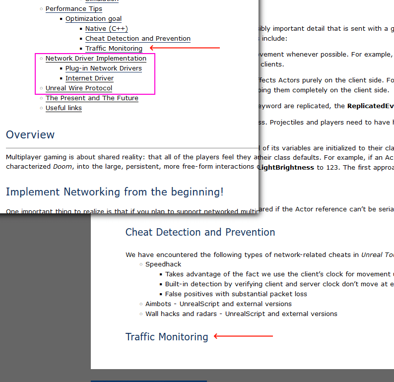 Screenshot of UE3 Network Overview page, highlighting the missing Wire Protocol section